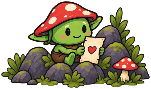 A goblin in a mushroom cap, sitting on mossy rocks, holding a letter with a heart