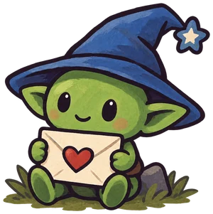 A goblin in a wizard hat holding a letter with a heart